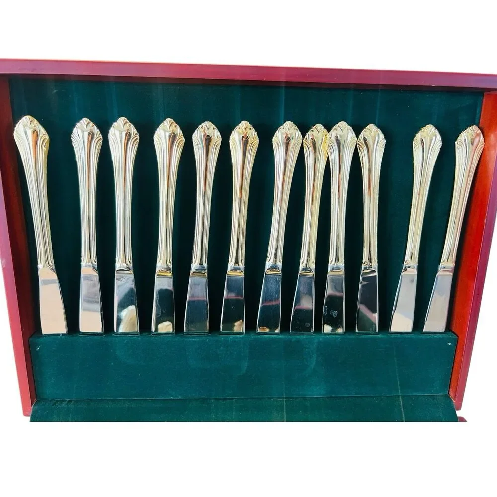 Cambridge Gold Plated Flatware Set 65 Pc Service for 12 Wood Chest Complete